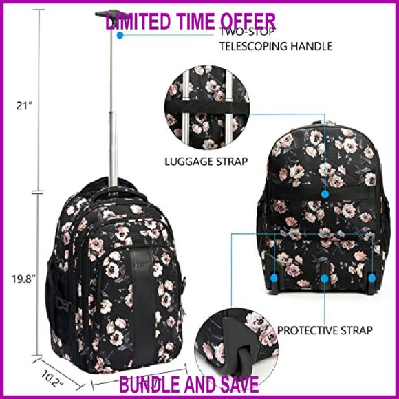 17 Inch Rolling Laptop Backpack Water Repellent Travel Friendly RFID Pockets - Picture 3 of 7